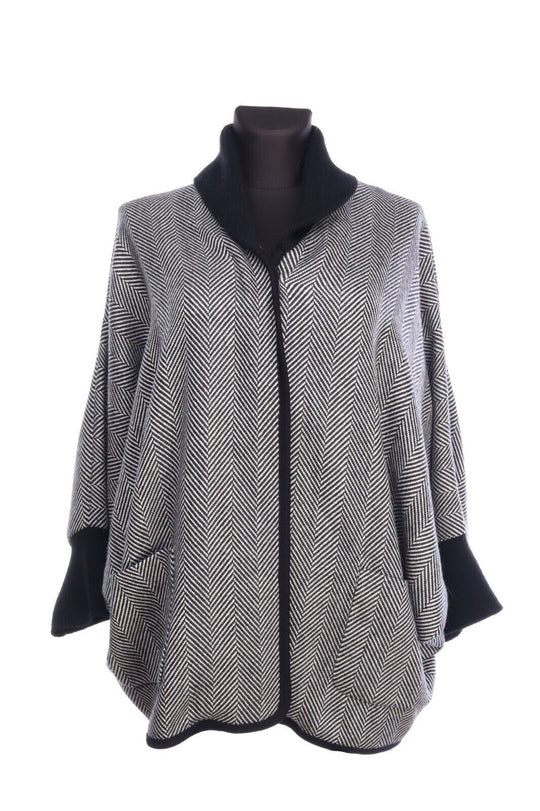 Women's RENA LANGE Black Virgin Wool Herringbone Sweater Cardigan Size 46