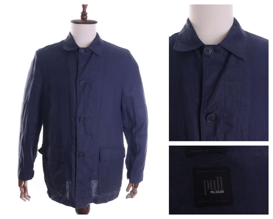 Men's PAL ZILERI Pull Navy Blue Coated Linen Lightweight Jacket Size 46