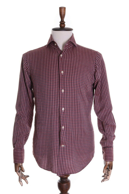 Men's BRULI Red Check 100% Cotton Flannel Slim Fit LS Shirt Size 38 / 5