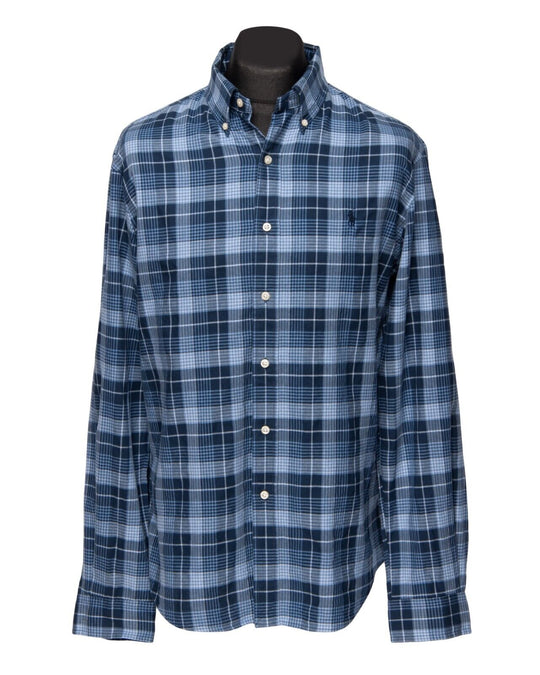 RALPH LAUREN Shirt Navy Blue Check Cotton Men's Button Down Slim Fit Size L