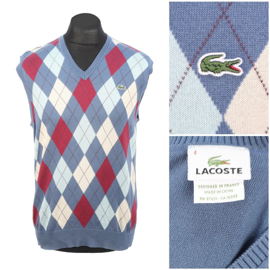 LACOSTE Waistcoat Vest Blue Argyle Wool Men's Sleeveless Jumper Size 4 / M