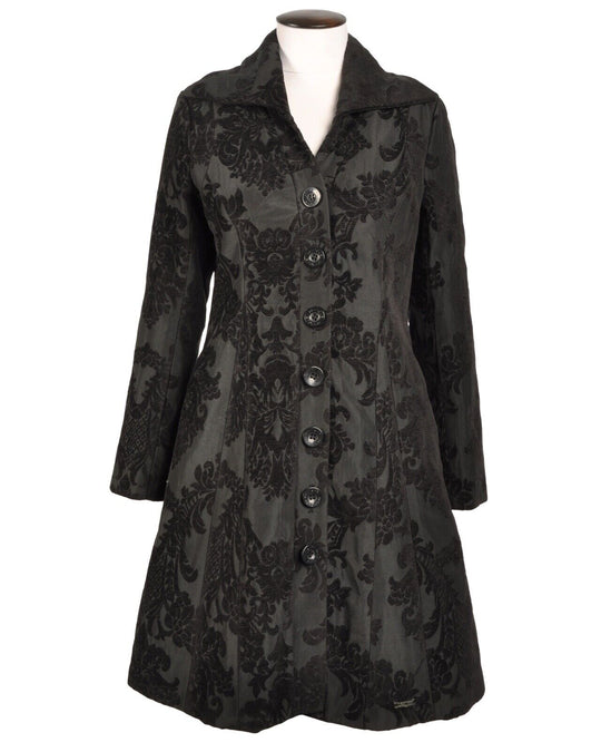 DESIGUAL Coat Black Baroque Leaves Womens Overcoat Size 42