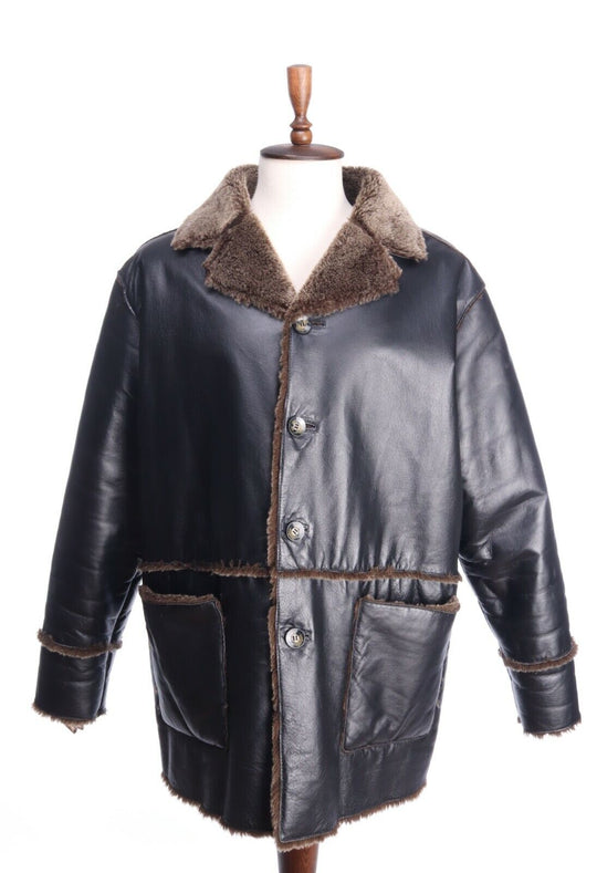 Black Faux Fur Sheepskin 100% Leather Jacket Aviator Style Size 2XL