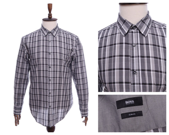 Men's HUGO BOSS Grey Check Slim Fit Long Sleeve Shirt Size L