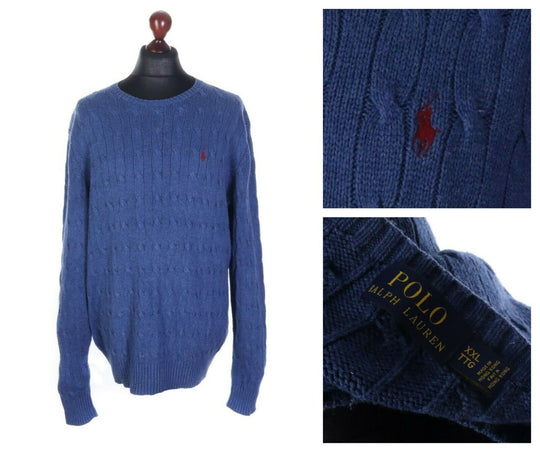 Men's POLO RALPH LAUREN Navy Blue 100% Silk Cable-Knit Jumper Sweater Size 2XL