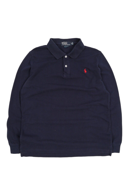 Men's POLO RALPH LAUREN Navy Blue Pique Cotton Long Sleeve Polo Shirt Size M