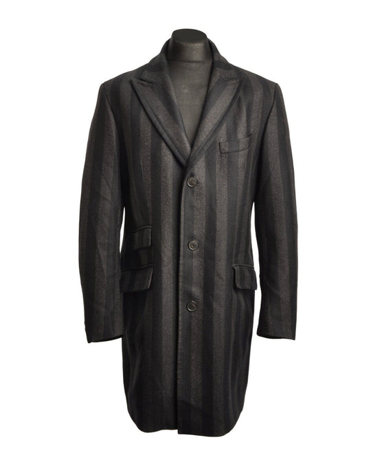 KARL LAGERFELD Coat Black Wool Striped Peak Lapel  Mens Overcoat Size 50 IT