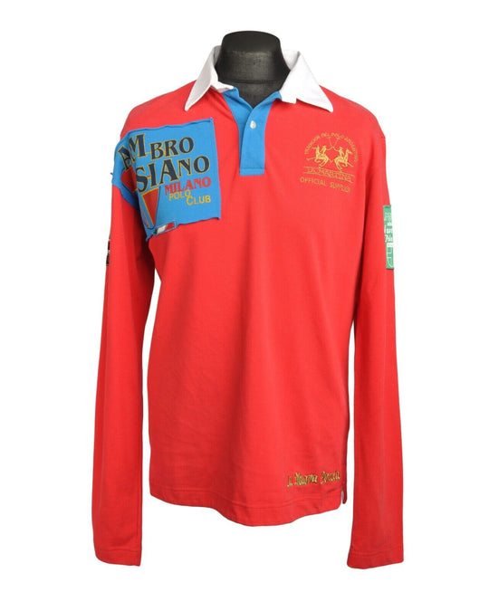 LA MARTINA Polo Longsleeve Red Cotton Men's Collared Pullover Size L