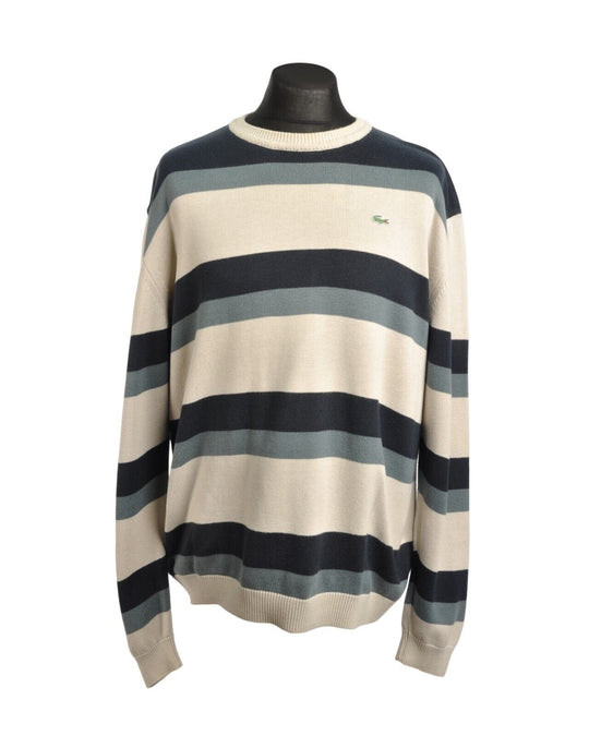 LACOSTE Sweater Navy Beige Striped Crew Neck Rib Trim Mens Knit Pullover Size 8