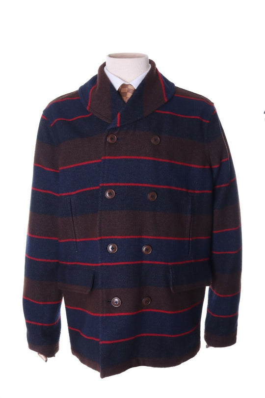 Men's PRETTY GREEN Brown Wool Blend Striped Double-Breasted Coat Size 2XL