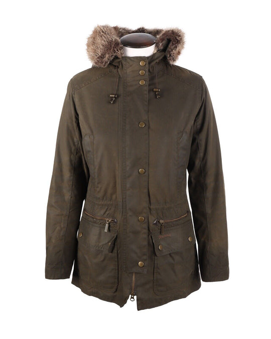 Women's BARBOUR Kelsall Olive Green Waxed Parka Jacket Size UK 10 US 6