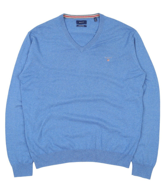 Men's GANT Blue V-Neck Wool Cotton Jumper Size 2XL