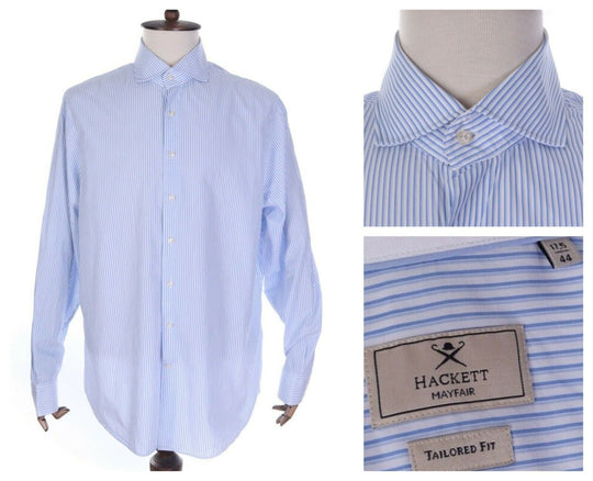 Men's HACKETT MAYFAIR Blue Stripe 100% Cotton Tailored Fit LS Shirt Sz 44 / 17,5