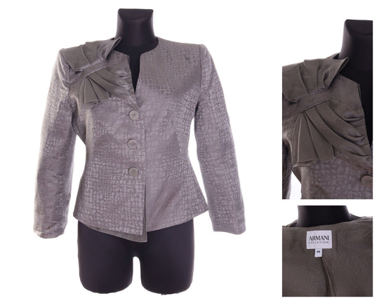Women's ARMANI COLLEZIONI Grey Silk Linen Bow 3/4 Sleeve Short Jacket Size 46