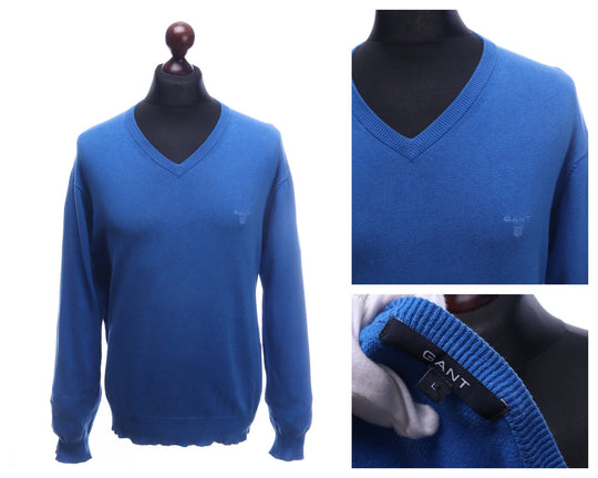 GANT Blue Cotton V-Neck Jumper Sweater Size L