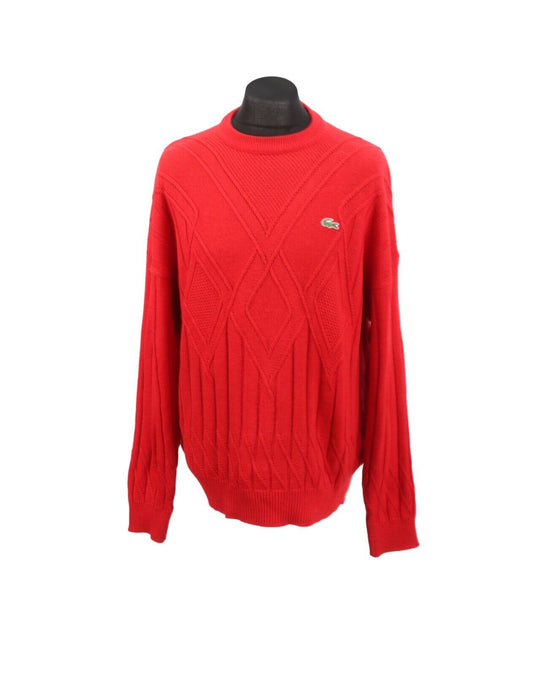 Vintage LACOSTE Red Wool Blend Cable Knit Men's Crew Neck Jumper Size 6 / L