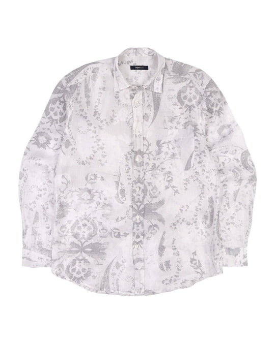 ERMENEGILDO ZEGNA Sport Shirt White Gray Lino Flax Men's Button Up Size L