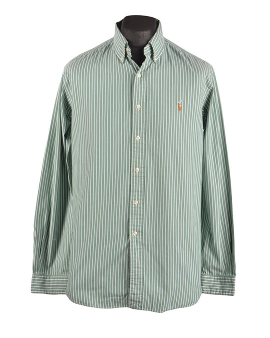 Men's RALPH LAUREN Classic Fit Green Striped Oxford Cotton Shirt Size 16 34/35