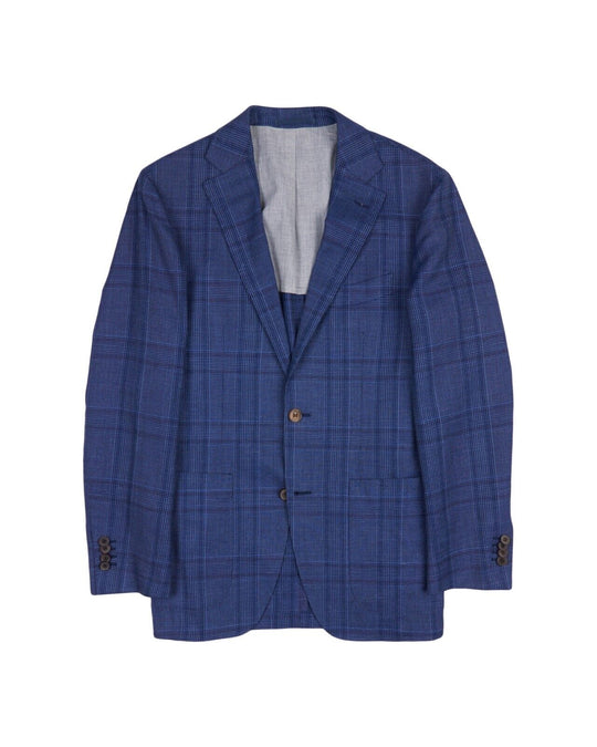SUITSUPPLY Blazer Blue Check Wool Silk Linen Mens Two Buttons Jacket Size 46 IT