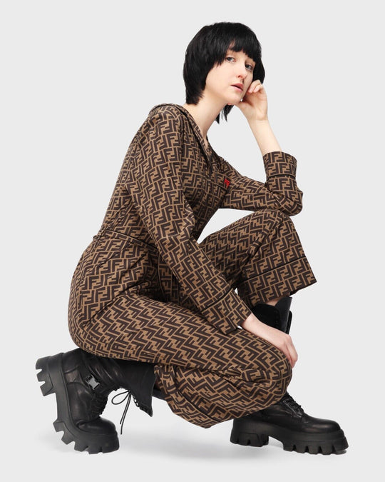 FENDI Overall Brown Zucca Print Silk Womens Jumpsuit Size 40 IT