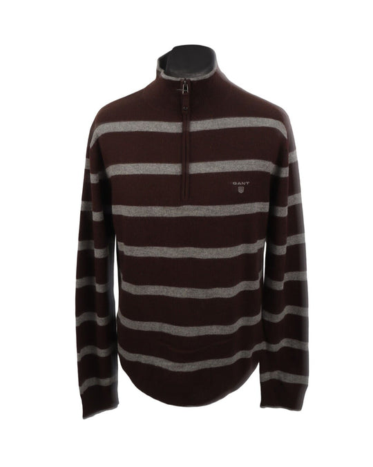 GANT Jumper Sweater  Brown Striped Wool Zip Neck Men's Size L