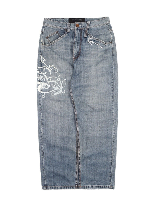 KARL KANI Denim Pants Blue Cotton Faded Printed Men's Jeans Trousers Size 32