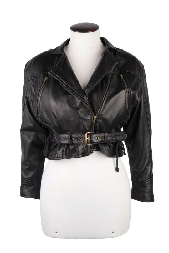 Women's Vintage Black Short Belted Biker Leather Jacket Size 36