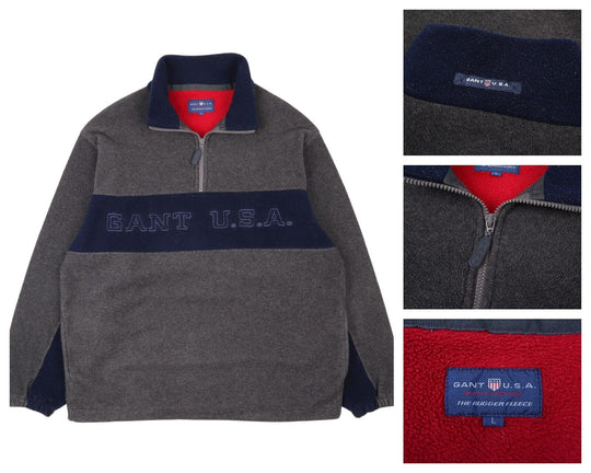 Men's Vintage GANT Grey Zip Neck Logo Fleece Jumper Size L