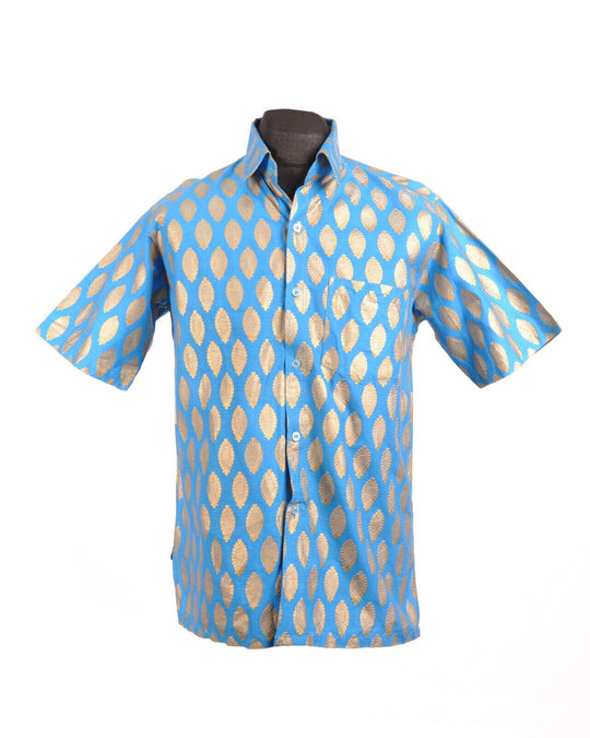 SUPER ASEAN Button Down Shirt Blue Gold Allover Print Mens Top Size L