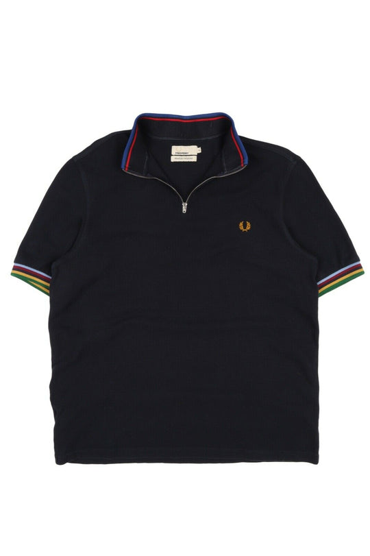 Men's FRED PERRY BRADLEY WIGGINS Navy Blue Pique Cotton Zip Polo Shirt Sz L
