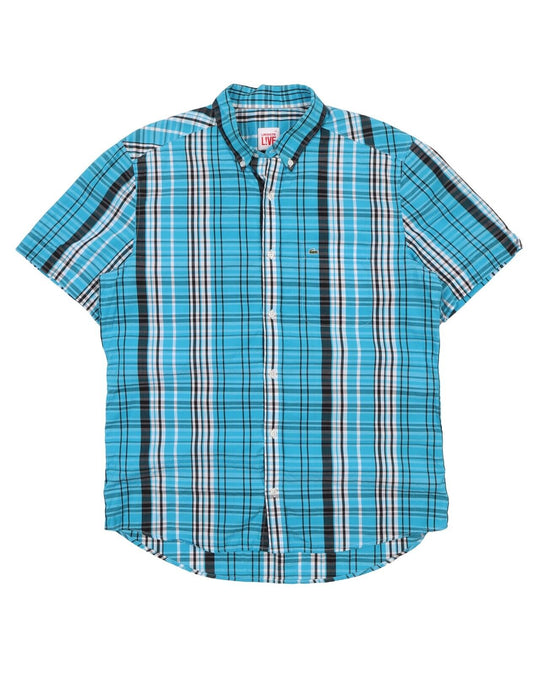 Men's LACOSTE Live! Blue Check Cotton Short Sleeve Shirt Size 42