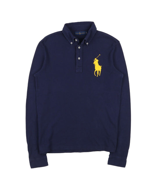 RALPH LAUREN Big Pony Polo Shirt Navy Blue Pique Cotton Long Sleeve Mens Size S