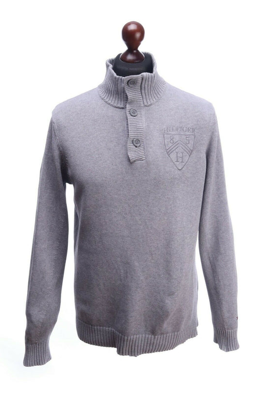 TOMMY HILFIGER Grey Cotton Button Neck Jumper Sweater Size M
