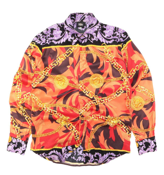 Men's Vintage VERSACE JEANS COUTURE Red Shirt Gold Chain Baroque Print Size M