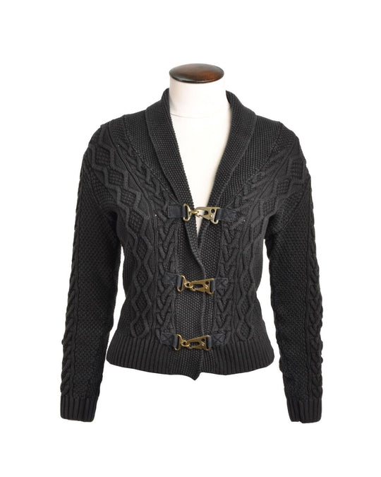 RALPH LAUREN POLO JEANS Cardigan Black Cotton Cable Knit Hook Sweater Size M