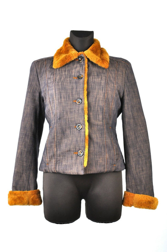 Women's TRUSSARDI JEANS Grey Denim Fitted Jacket With Brown Fur Size 42