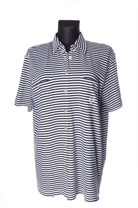 Women's BOGNER B&W Striped Cotton Button Front Short Sleeve Top Size 42