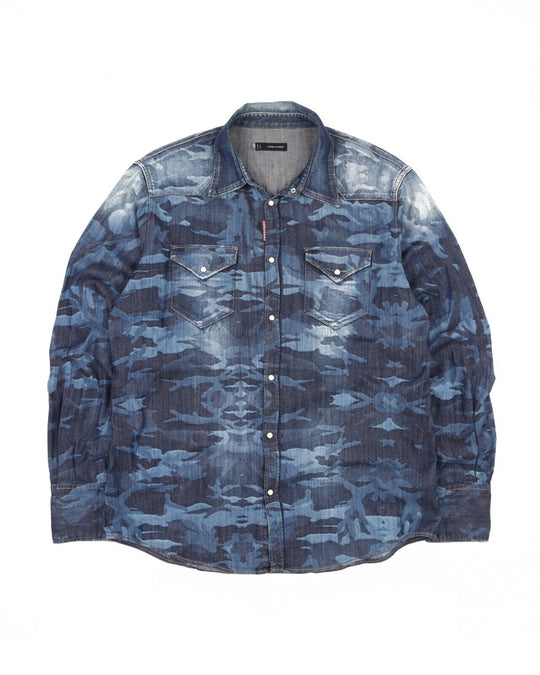 DSQUARED2 Shirt Blue Denim Camouflage Faded Men's Size 56