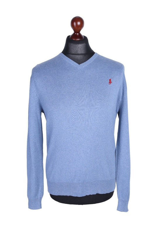 Men's RALPH LAUREN POLO Blue 100% Cotton V-Neck Jumper Size S