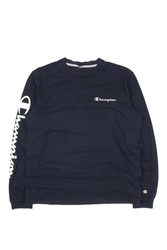 Men's CHAMPION Navy Blue Cotton Crew Neck Longsleeve Logo T Shirt Size ~ M