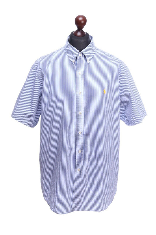 RALPH LAUREN Navy Blue White Striped Cotton Short Sleeve Shirt Size 2XL
