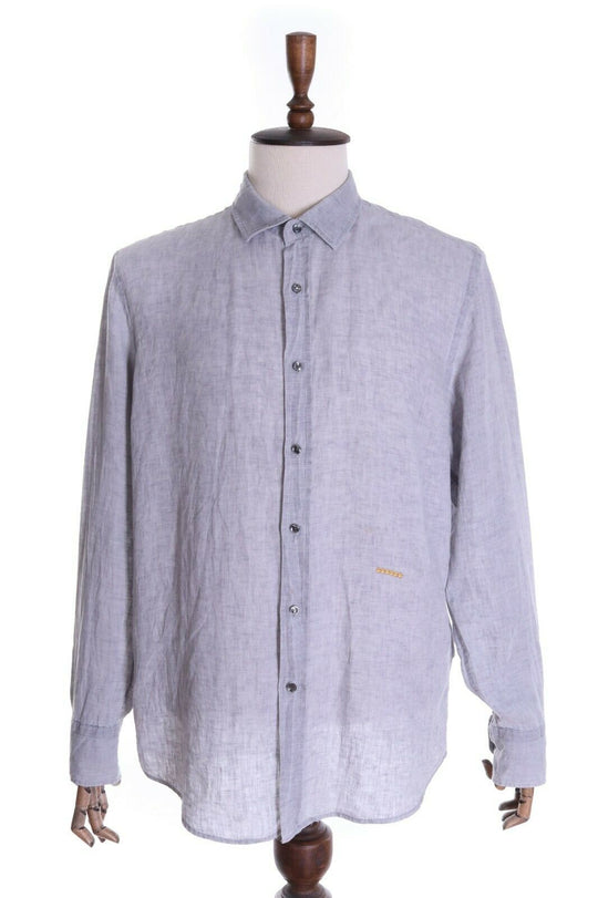 Men's 0039 ITALY Grey 100% Linen Summer LS Shirt Size XL