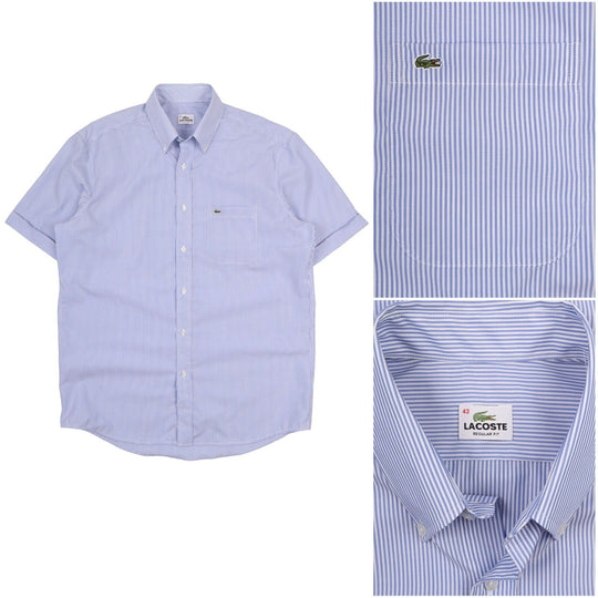 Men's LACOSTE Blue Striped Cotton Short Sleeve Shirt Size 43 / XL