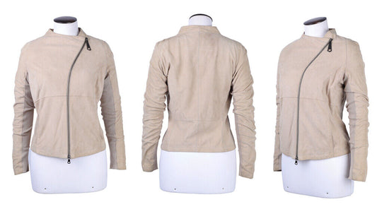 Women's GIMOS Beige Asymetric Zip Leather Jacket Size s