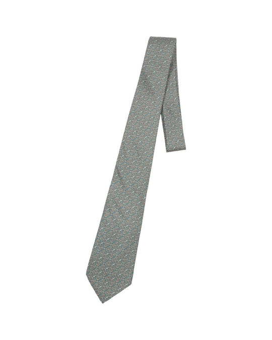 HERMES Paris Tie Blue Green Print Silk Mens Woven Necktie