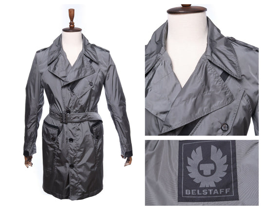 Men's BELSTAFF Grey Leather Details Nylon Doublebreasted Trench Coat Size M