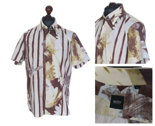 Men's HUGO BOSS Brown Floral Print 100% Cotton Short Sleeve Shirt Size M