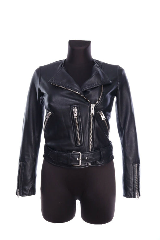 Women's AllSaints Black Sheep Leather Belted Biker Jacket Size UK 4