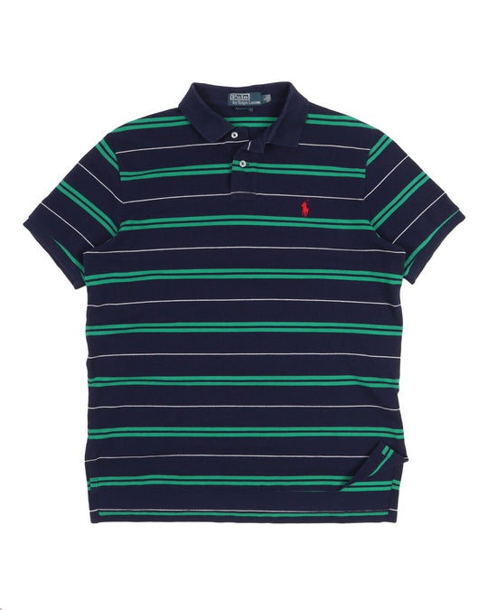 Men's Polo RALPH LAUREN Navy Blue Striped Pique Cotton Polo Shirt Size L