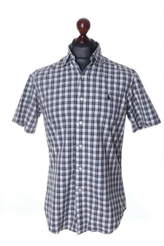 Men's POLO RALPH LAUREN Grey Cotton Check Custom Fit Short Sleeve Shirt Size M